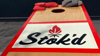 The cornhole board outside of the cannabis dispensary in Scarborough, Ontario